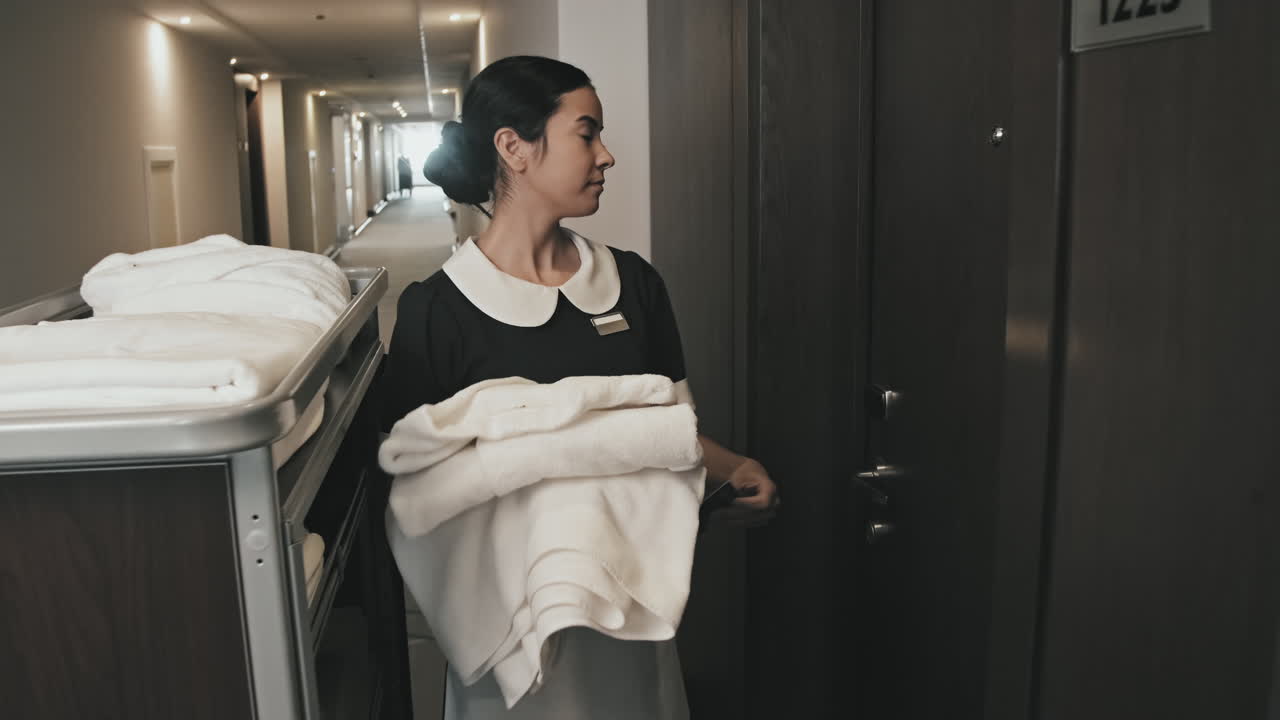Housekeeper Entering Hotel Room for Cleaning