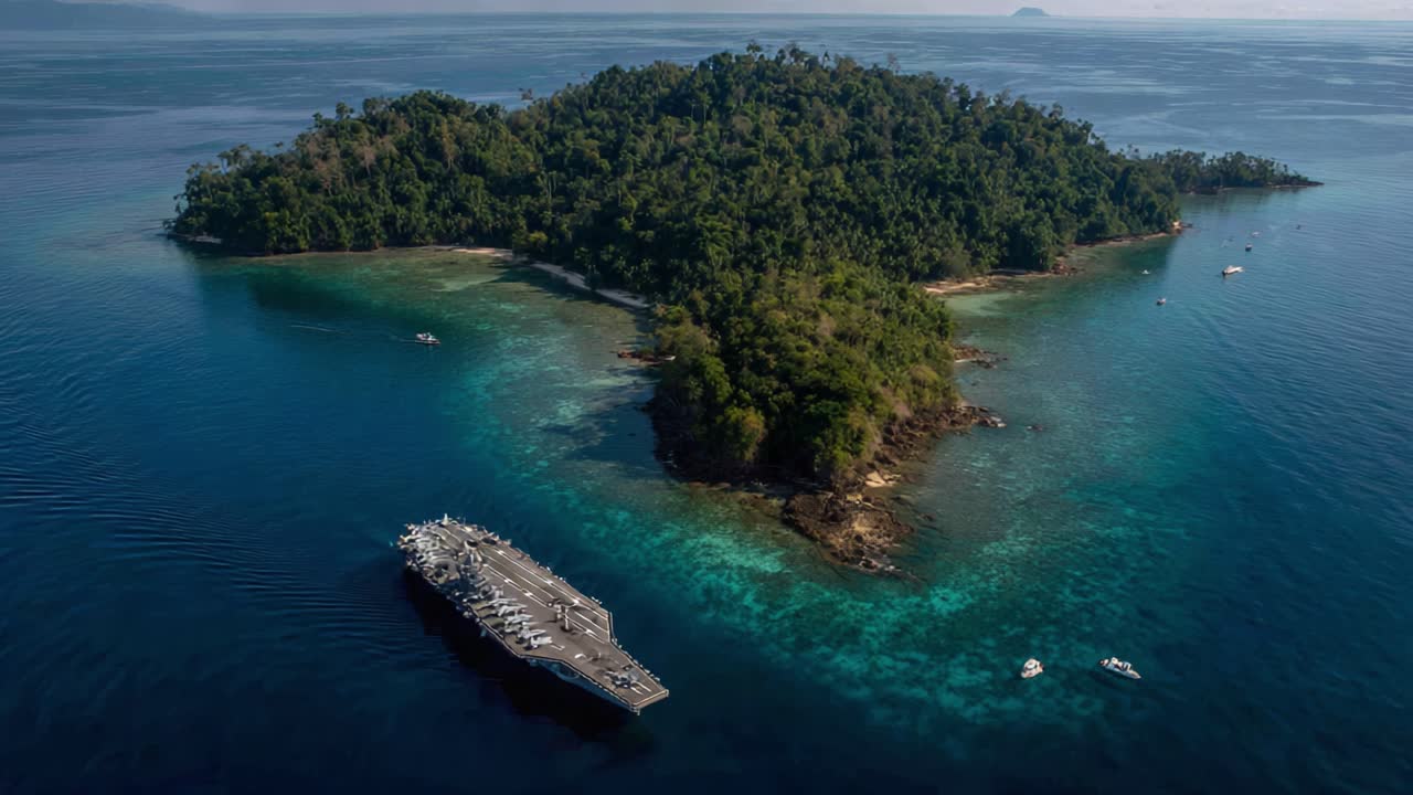 Aerial View of a Tropical Island Surrounded by Clear Oceans Featuring a Naval Ship and Small Boats, Capturing the Serenity of Nature and Maritime Activity