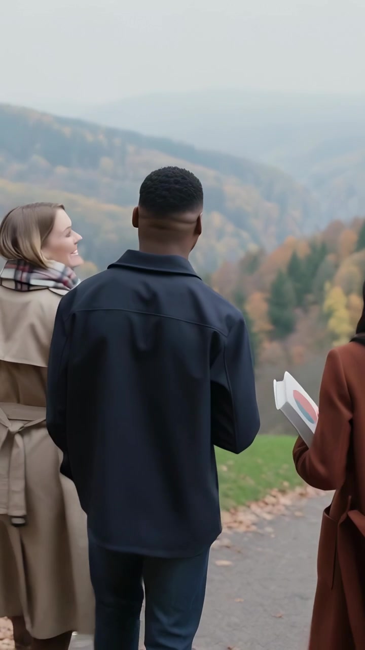 Video verticale: Ripresa da dietro un uomo in giacca che cammina, che tiene una tazza con vista sulla collina, mentre un amico tiene una mappa.