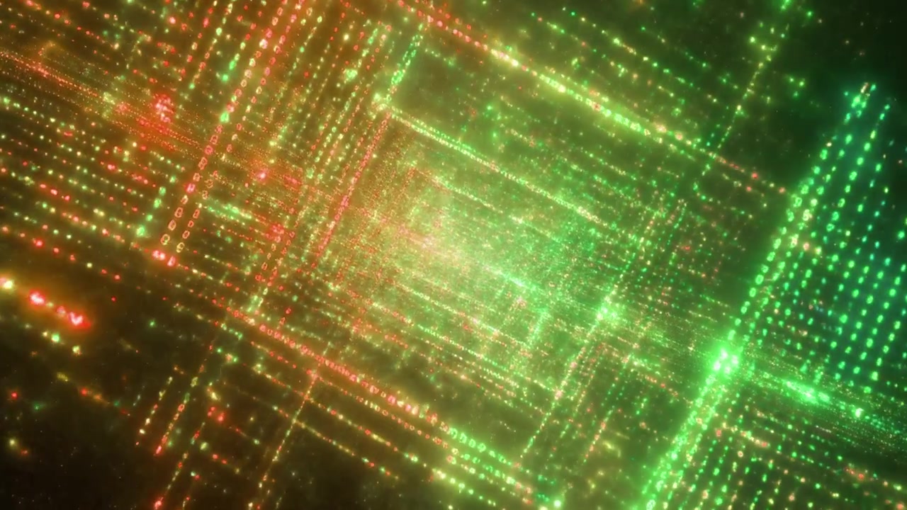 Abstract Digital Tunnel with Glowing Green and Red Binary Code