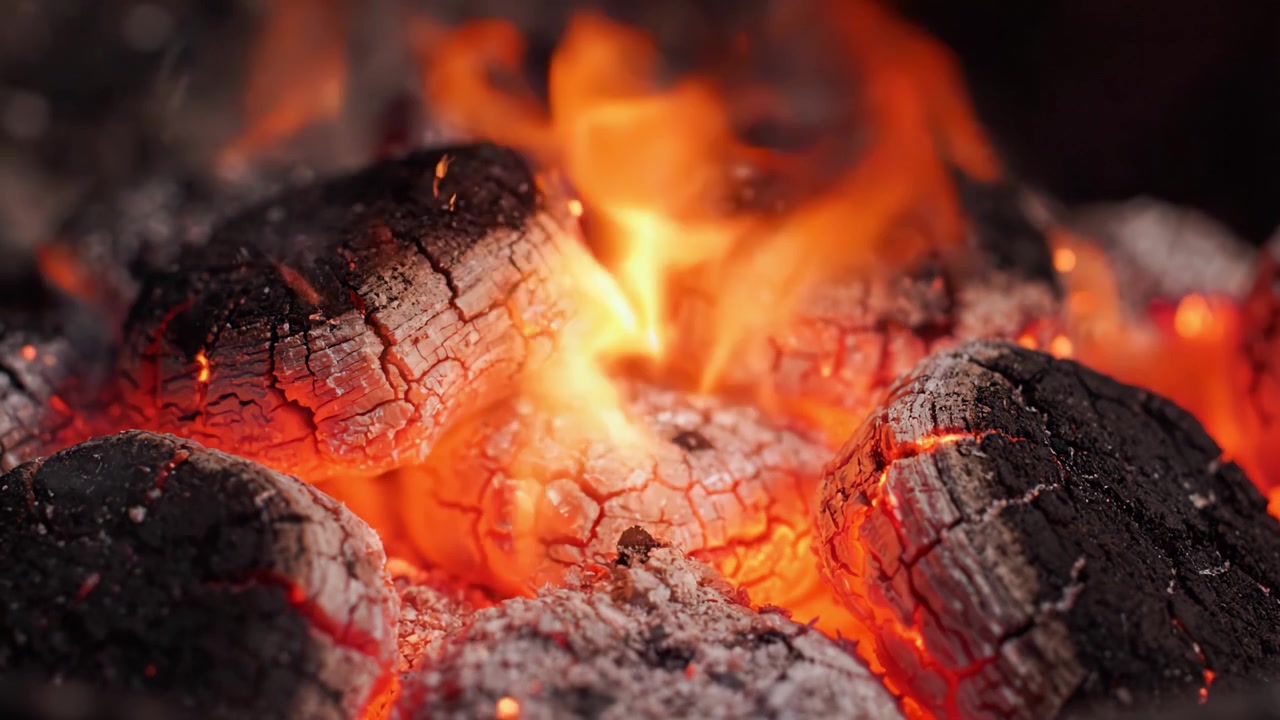 Un primo piano di braci ardenti: catturando il calore e le scintille dal braciere acceso, evidenziando la bellezza dei carboni fumanti su uno sfondo scuro.