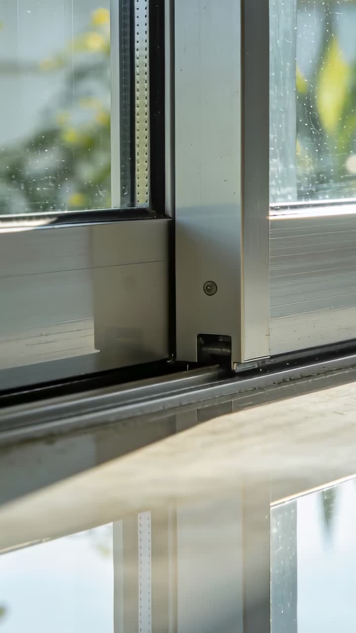 Vídeo vertical: Cámara en movimiento revelando el marco de una ventana y el riel en una habitación, mostrando gotas para detalle