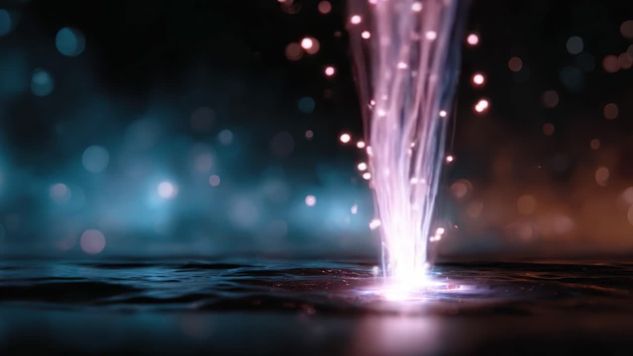 魅惑的な光の流れ：水面から発せられる光る粒子の、魅惑的なビジュアル。暗闇の中で魅惑的な輝きを作り出します。