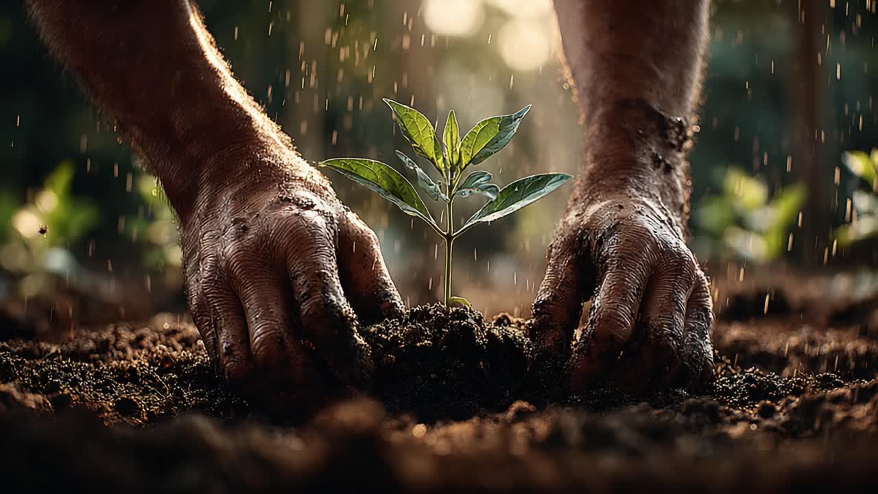 Nurturing New Beginnings: A Close-Up of Hands Planting a Small Seedling in Rich Soil Under a Soft Radiance, Symbolizing Growth and Environmental Care