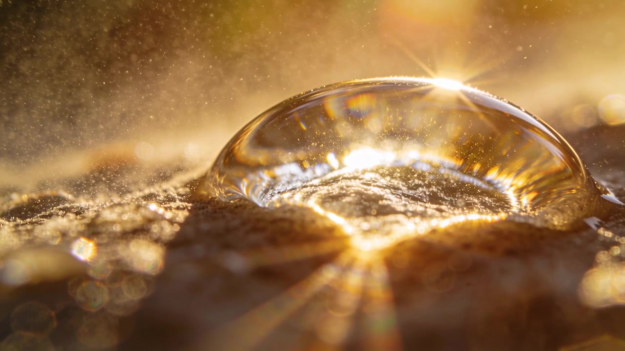 Glowing single clear water droplet refracting low sun starburst on coarse sand, particles drifting