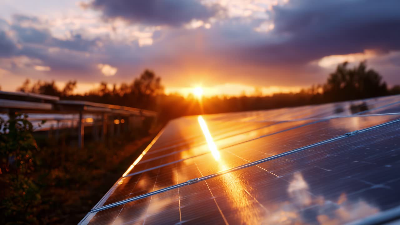 Splendidi pannelli solari che riflettono il bagliore vibrante del tramonto, che mostrano l'innovazione dell'energia rinnovabile in un paesaggio naturale con luce dorata e nuvole suggestive