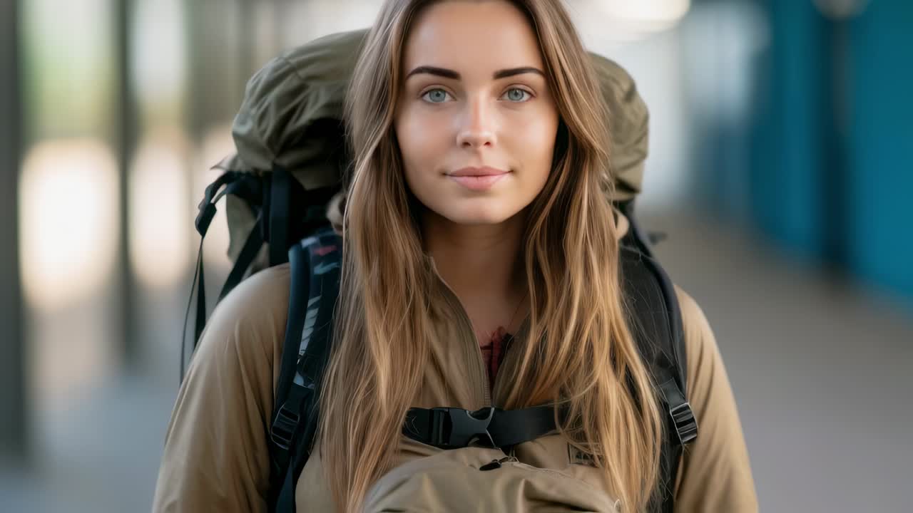 Portrait of a young backpacker woman with long blond hair wearing a beige jacket and carrying a large backpack, ready to start a new adventure traveling the world