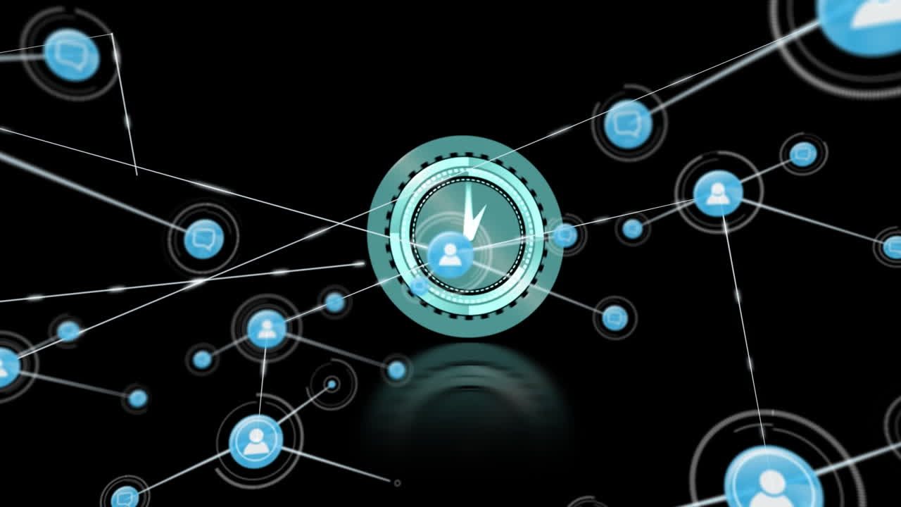 Animation of network of connections with icons over moving clock on black background