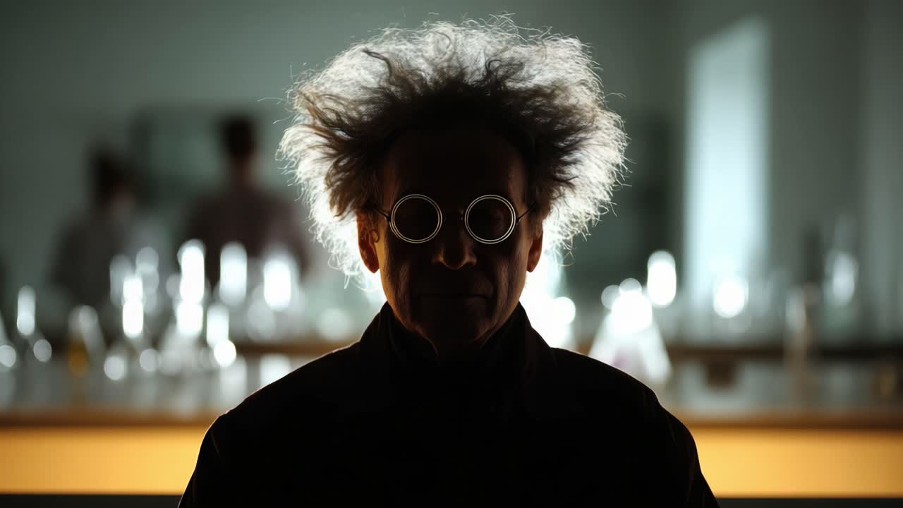 Figura eccentrica con capelli selvaggi e occhiali rotondi in ambiente di laboratorio, silhouette su sfondo luminoso che evoca un senso di mistero e scienza
