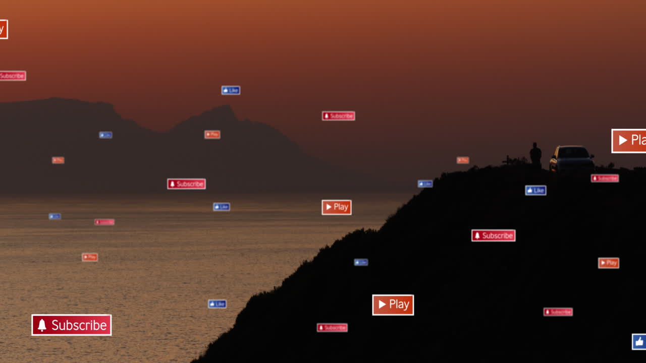 해가 지고 바다 풍경 위의 소셜 미디어 아이콘의 애니메이션