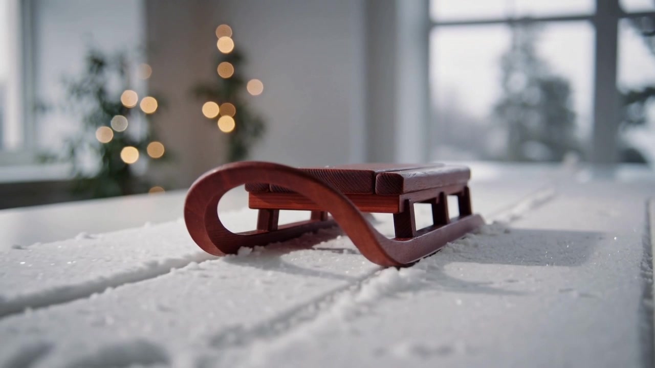 Drifting snow particles revealing runner tracks while small wooden sled resting on packed tabletop