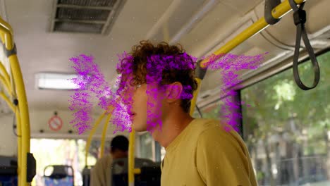 animation of pink nft text over thoughtful caucasian man travelling on bus