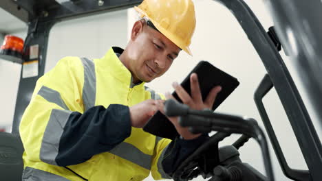 Tablet,-search-and-forklift-with-man-in-warehouse