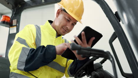 tablet, search and forklift with man in warehouse