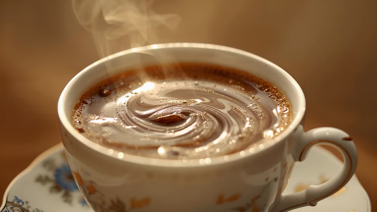 Mostrando una tazza da tè cinese dopo aver mescolato un caffè caldo a spirale che ruota posandosi sul tavolo, con vapore che sale