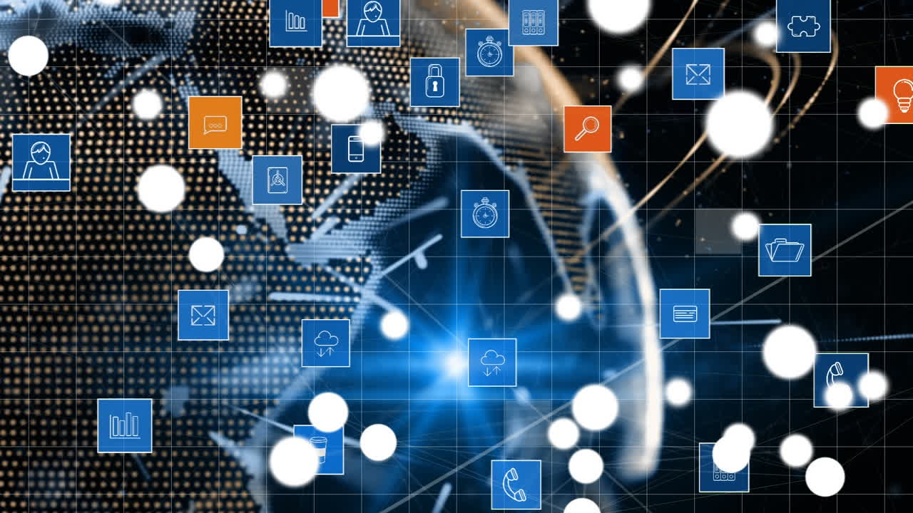 지구가 회전하는 아이콘으로 연결된 네트워크의 애니메이션