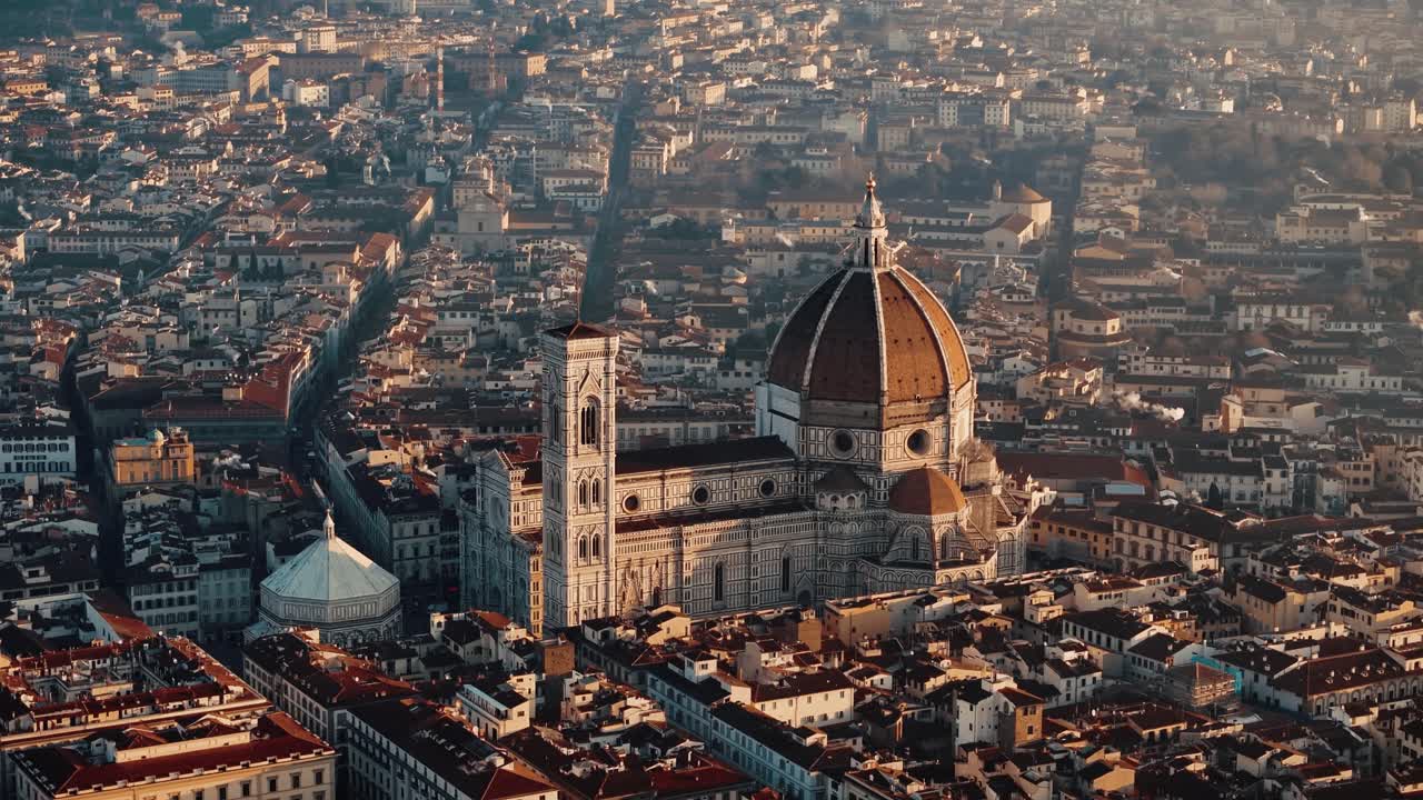 High circle left around Florence Duomo dome with panoramic sunrise