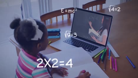 Animation-of-mathematical-equations-over-african-american-schoolgirl-on-laptop-online-lesson