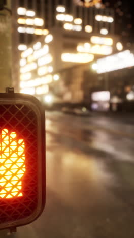 una luz roja para peatones en la ciudad por la noche