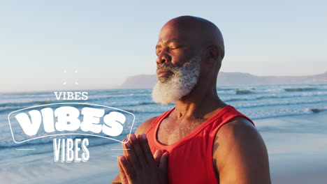 animación de vibraciones texto sobre anciano hombre afroamericano en la playa
