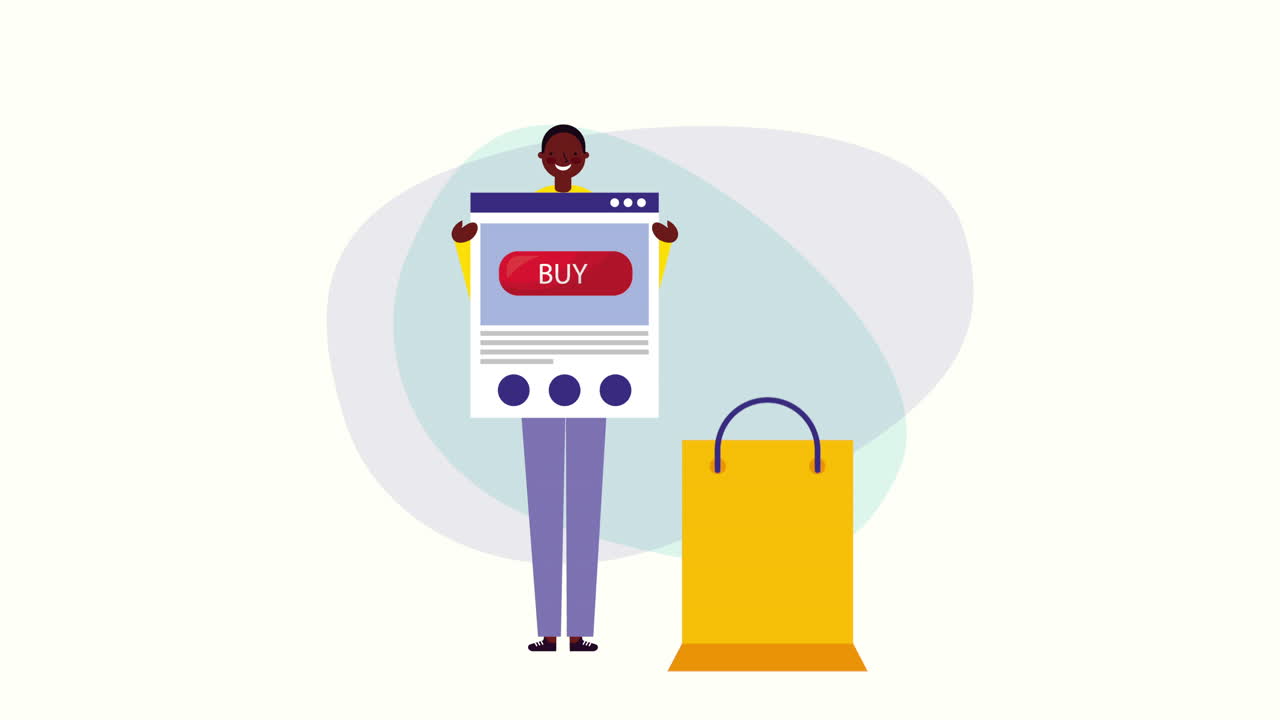 웹 페이지 템플릿과 쇼핑 가방을 가진 아프로 사업가