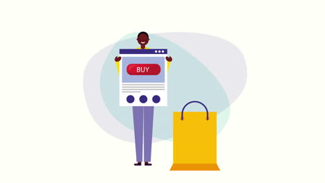 hombre de negocios afro con plantilla de página web y bolsa de compras