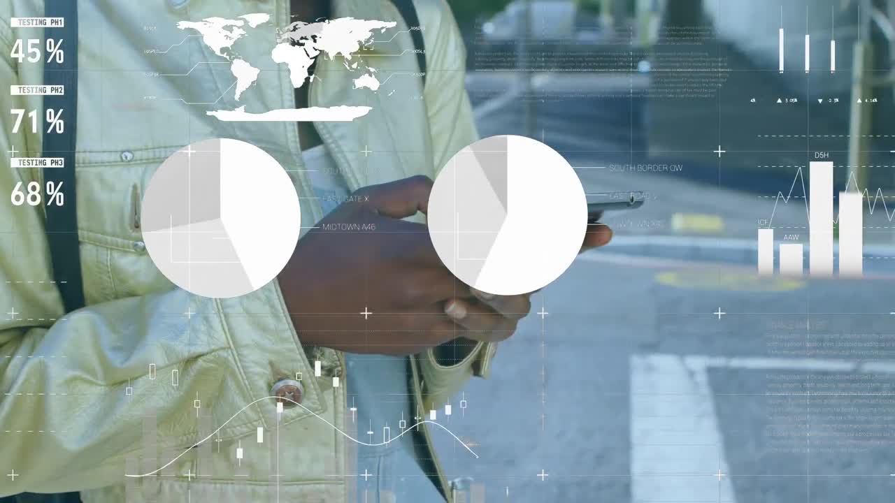 animación del procesamiento de datos estadísticos contra la sección media de mujeres que usan teléfonos inteligentes en la calle