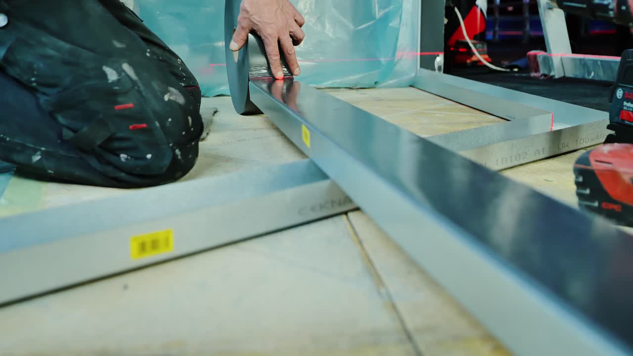 Careful handwork placing tape for alignment on construction frame element