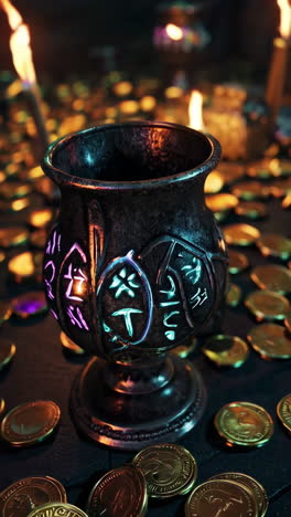 fantasy cave with treasure and glowing artifacts