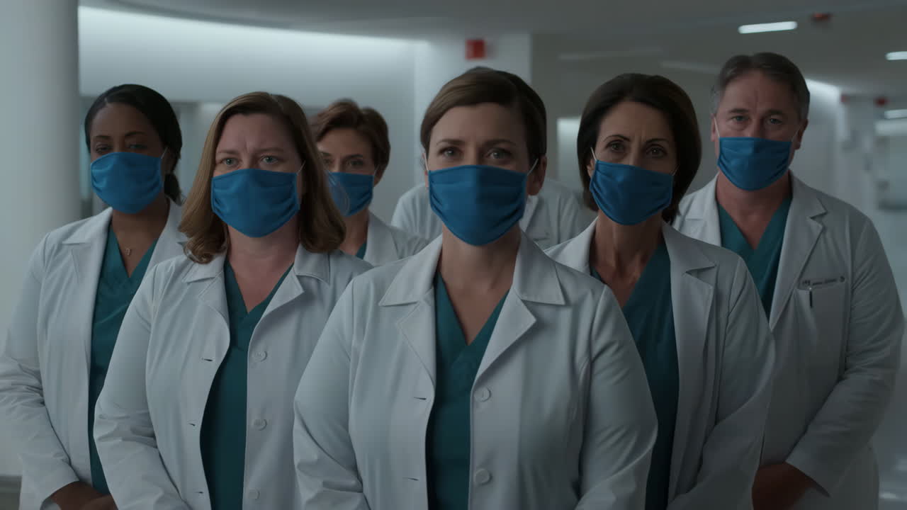 Group of medical professionals wearing blue face masks