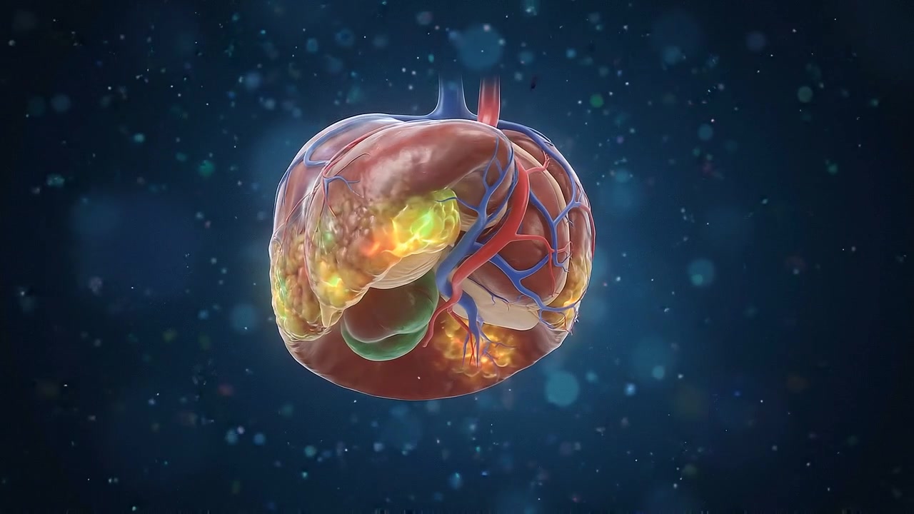 Textured isolated human liver with glowing yellow surface regions in medical view