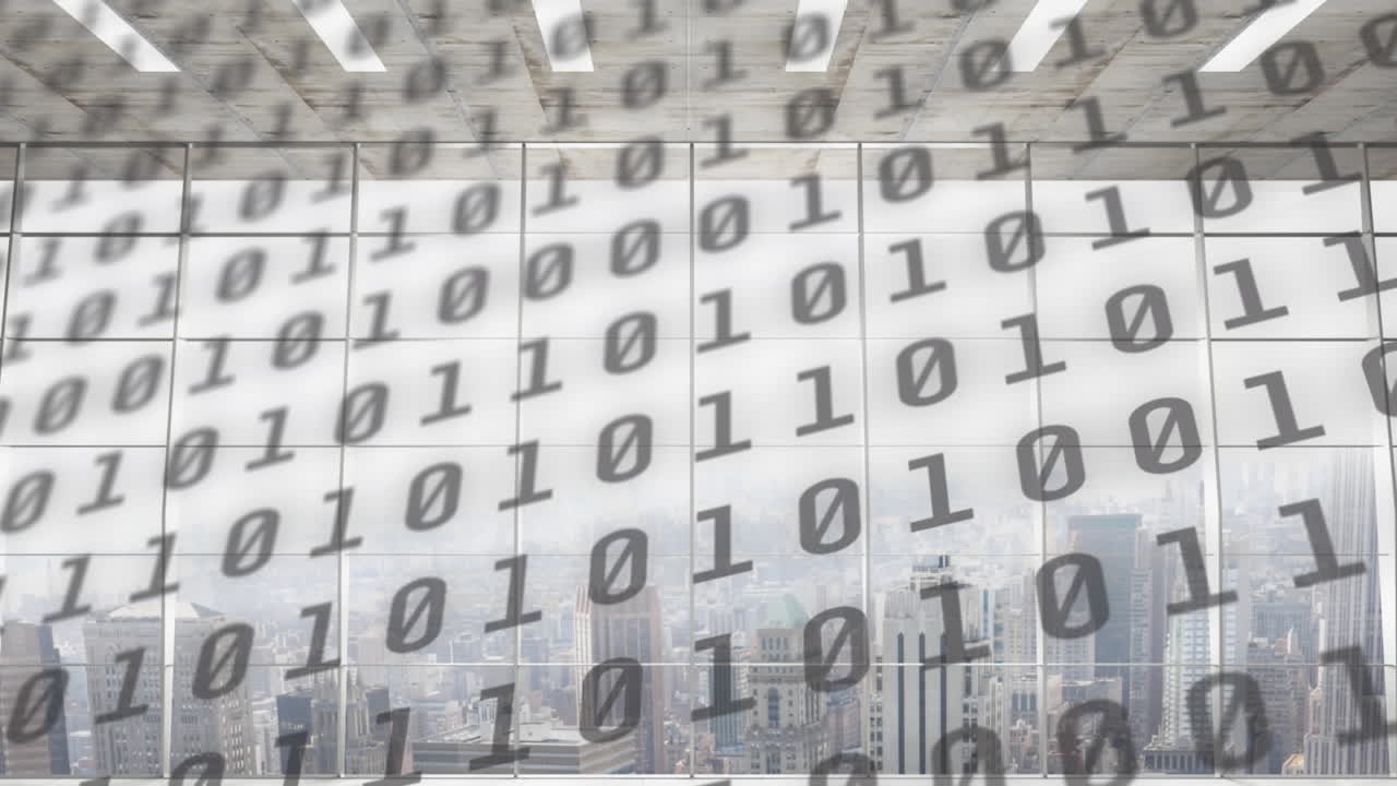 animación de la codificación binaria sobre el paisaje urbano