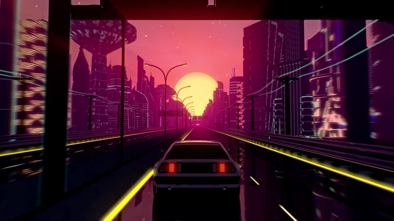 고속도로 도로에서 움직이는 자동차와 함께 사이버 크 일몰 풍경의 원활한 루프