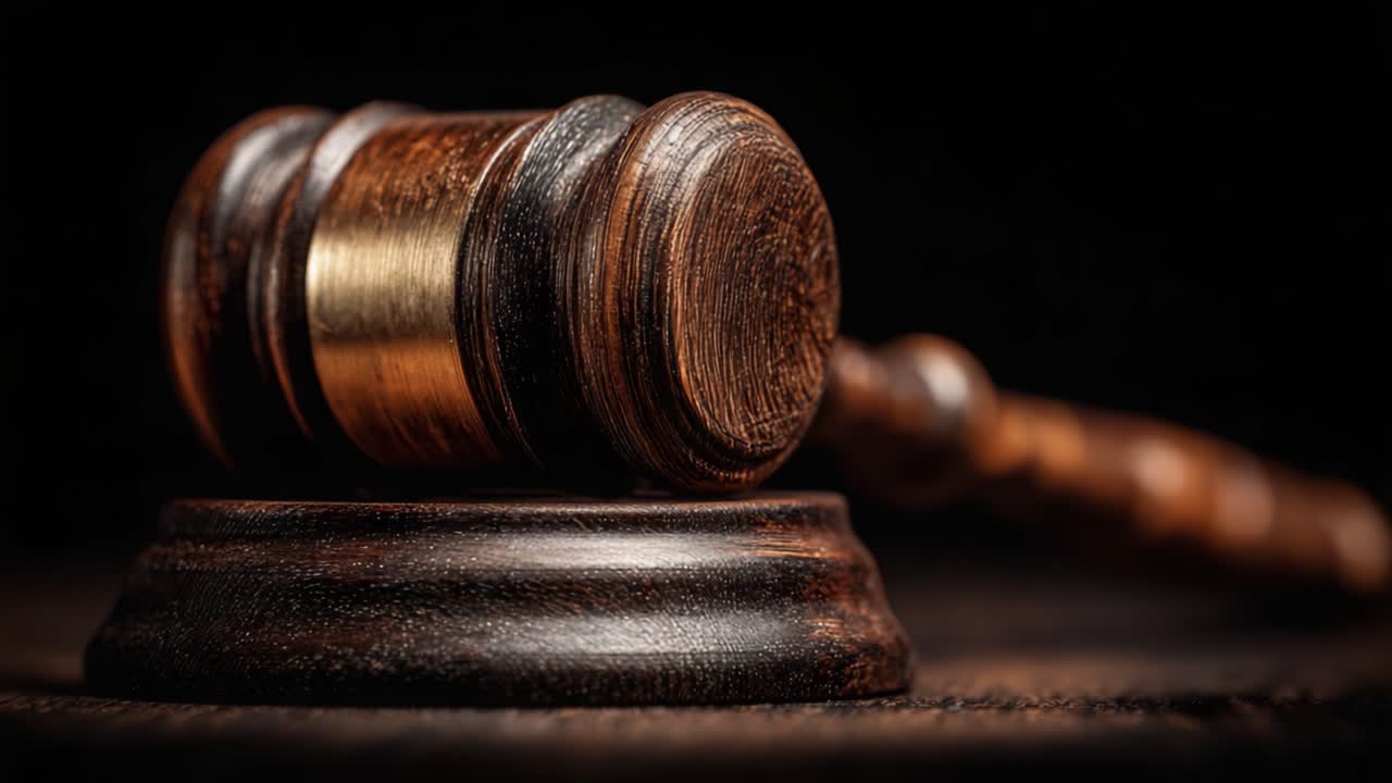 Una vista ravvicinata di un martelletto giudiziario su una superficie scura, che simboleggia giustizia, legge e ordine nel sistema legale per i procedimenti giudiziari.