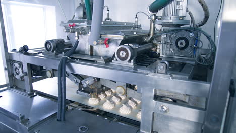 automatic machine with complicated mechanism working and producing marshmallows. equipment at modern food factory.