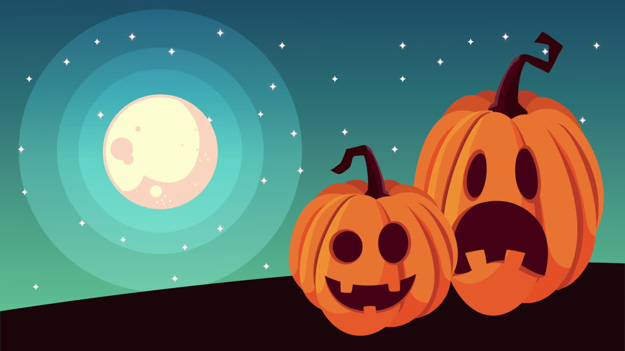 feliz animación de halloween con calabazas por la noche