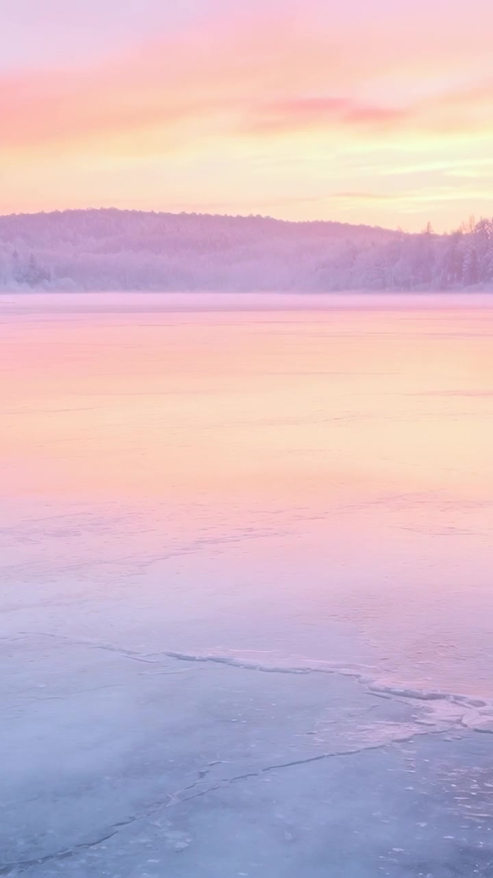 Vertical video: Reflecting lake ice warming with sunrise glow at shore, revealing cracks, hills