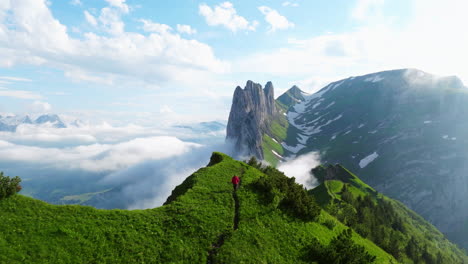 breathtaking views of saxer lucke hike, alpstein mountain range, switzerland. aerial drone shot