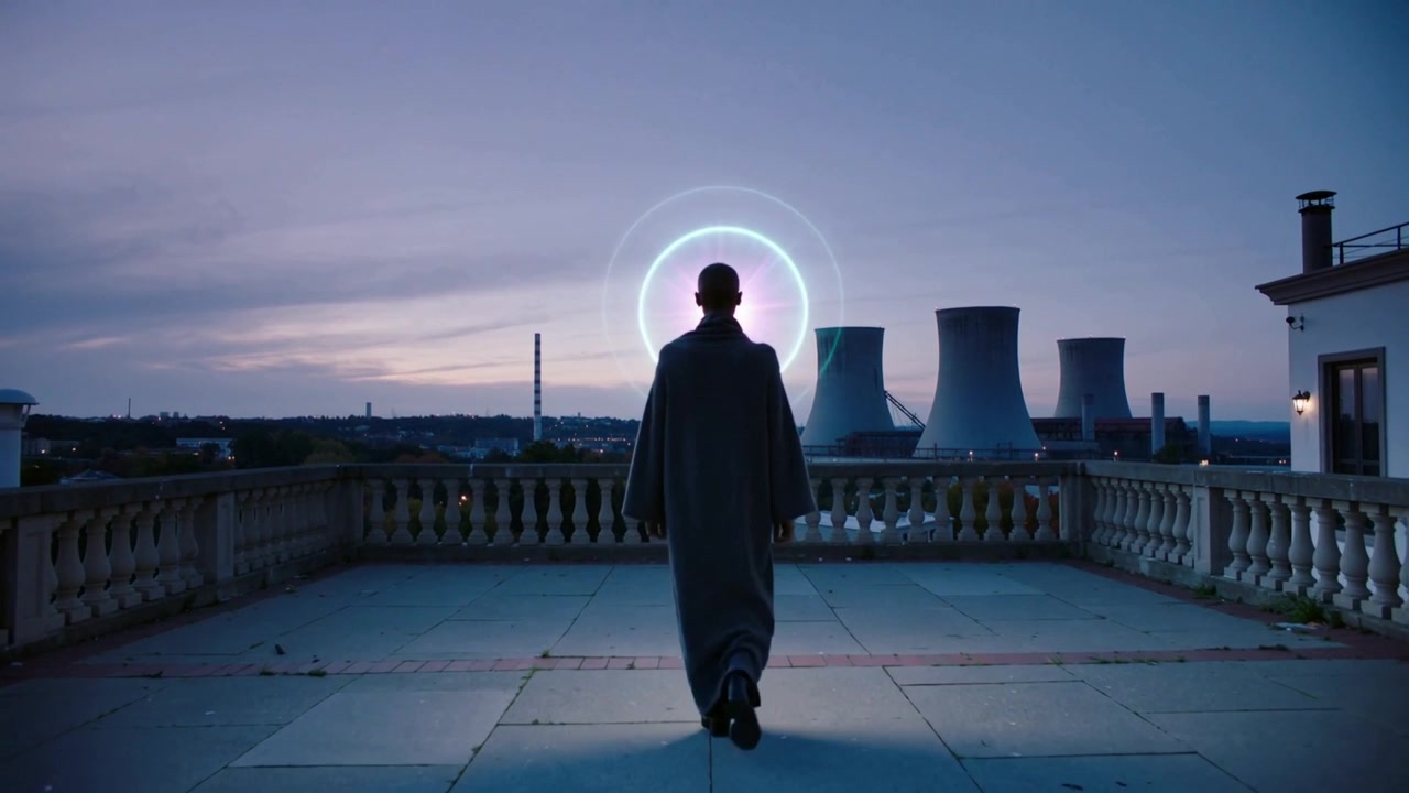 Walking man in long coat approaching rooftop balustrade as halo forming behind head, cooling towers