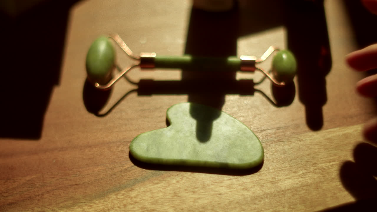 Jade Roller and Gua Sha Tools on Wooden Surface