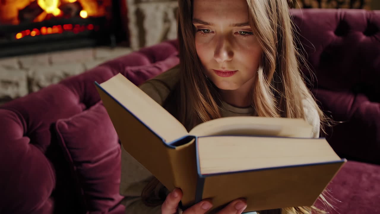 Girl Reading a Book by the Fireplace