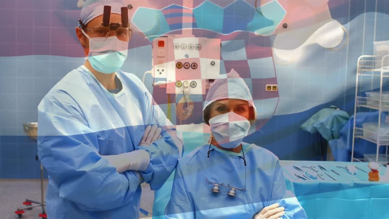 얼굴 마스크를 쓴 외과 의사 들 위 에 크로아티아 의  ⁇ 발 이 흔들리는 애니메이션