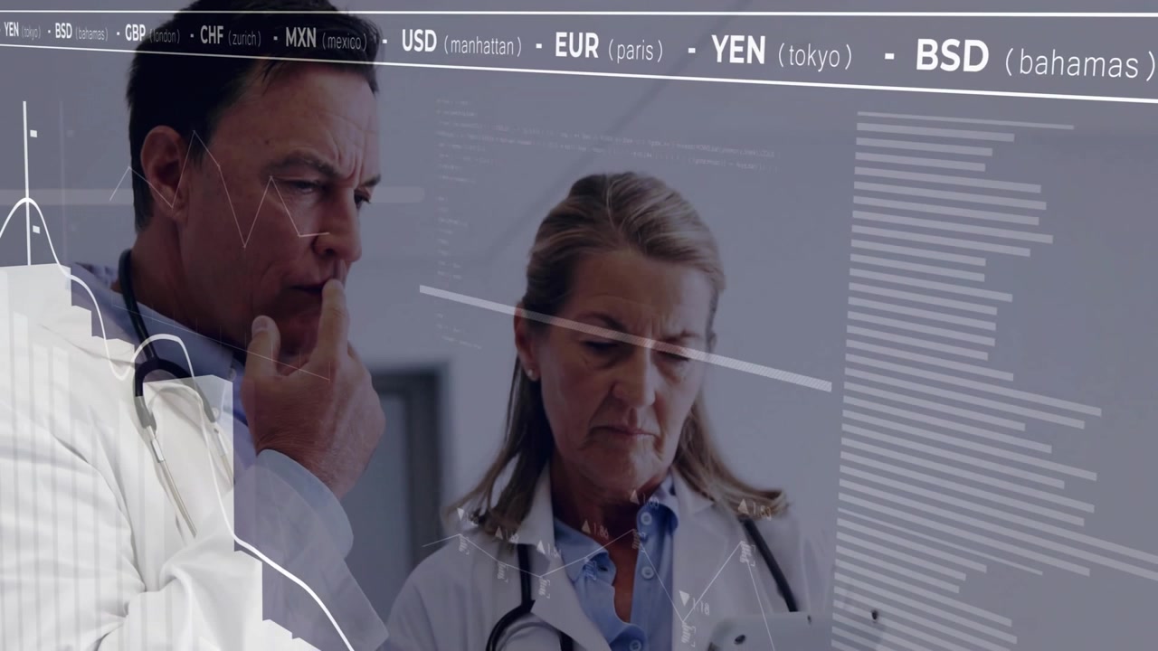 male doctor touching chin and female doctor reviewing tablet in medical lab with currency charts