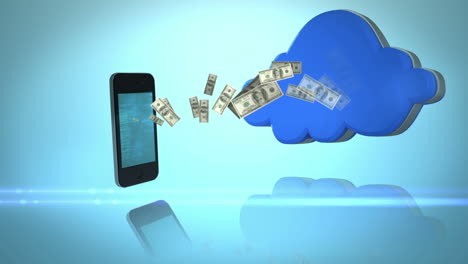 money coming out of a smartphone and coming in a cloud