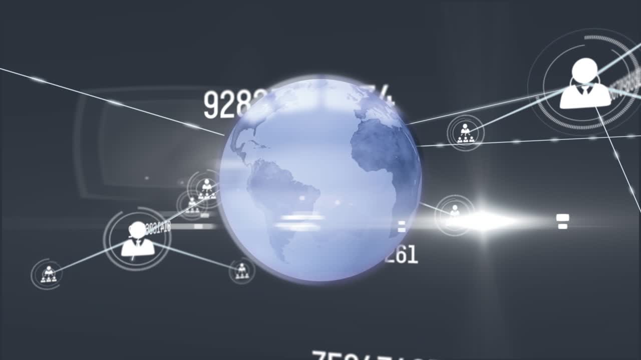 Animation of globe with network of connections over data processing