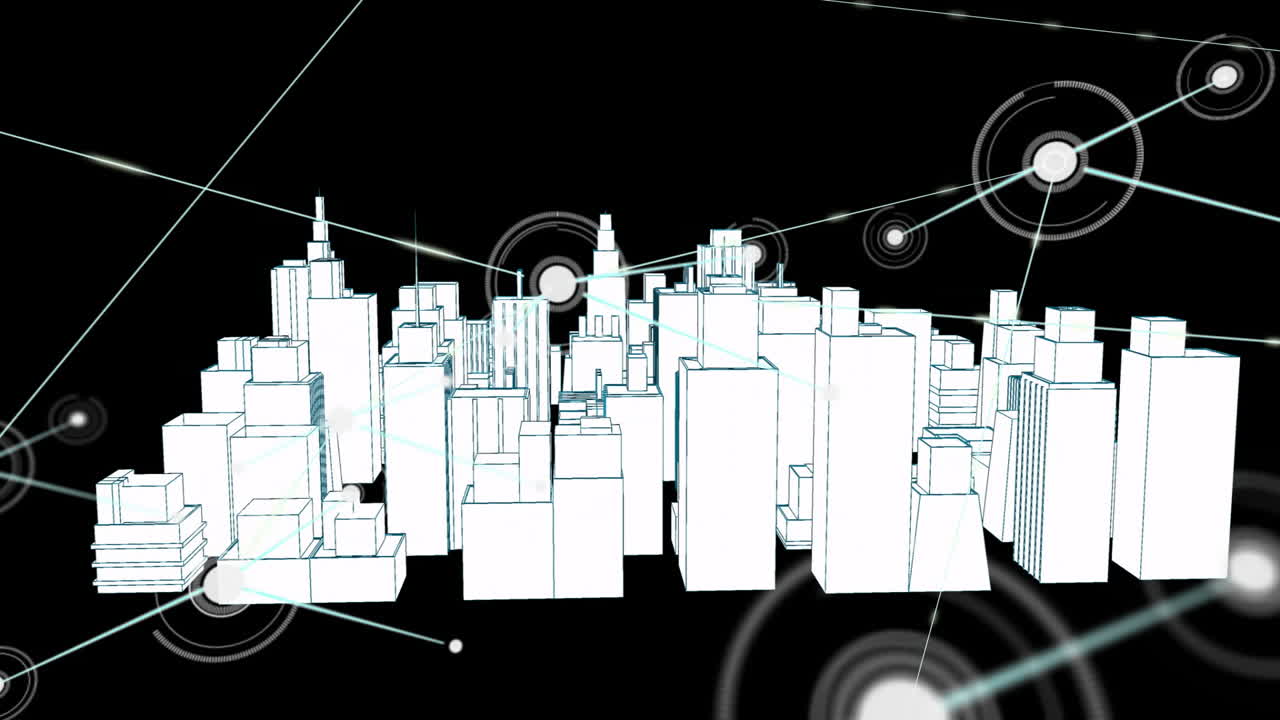Digital network connections animation over white cityscape on black background
