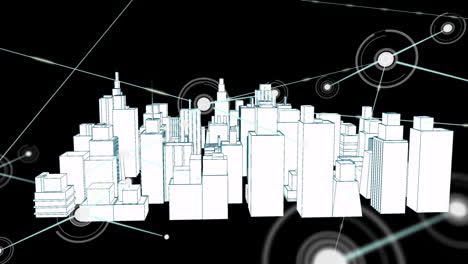 digital network connections animation over white cityscape on black background