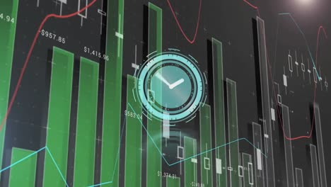 Animación-Del-Reloj-Con-Manecillas-Giratorias-Y-Procesamiento-De-Datos-En-Gráfico,-Sobre-Fondo-Gris