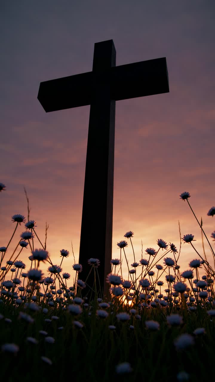 Silhouette di una croce al tramonto con fiori in primo piano, ripresa dal basso