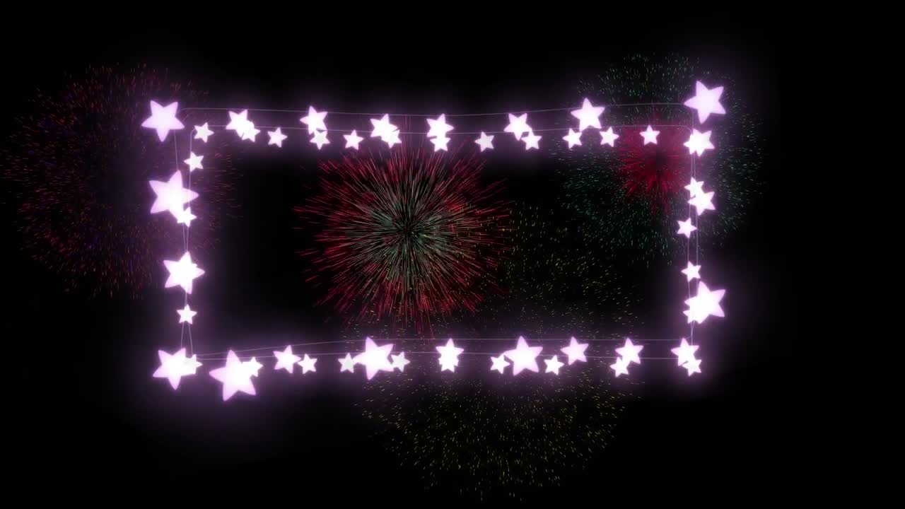 animación del marco de las luces de navidad de las estrellas con fuegos artificiales explotando en el cielo nocturno